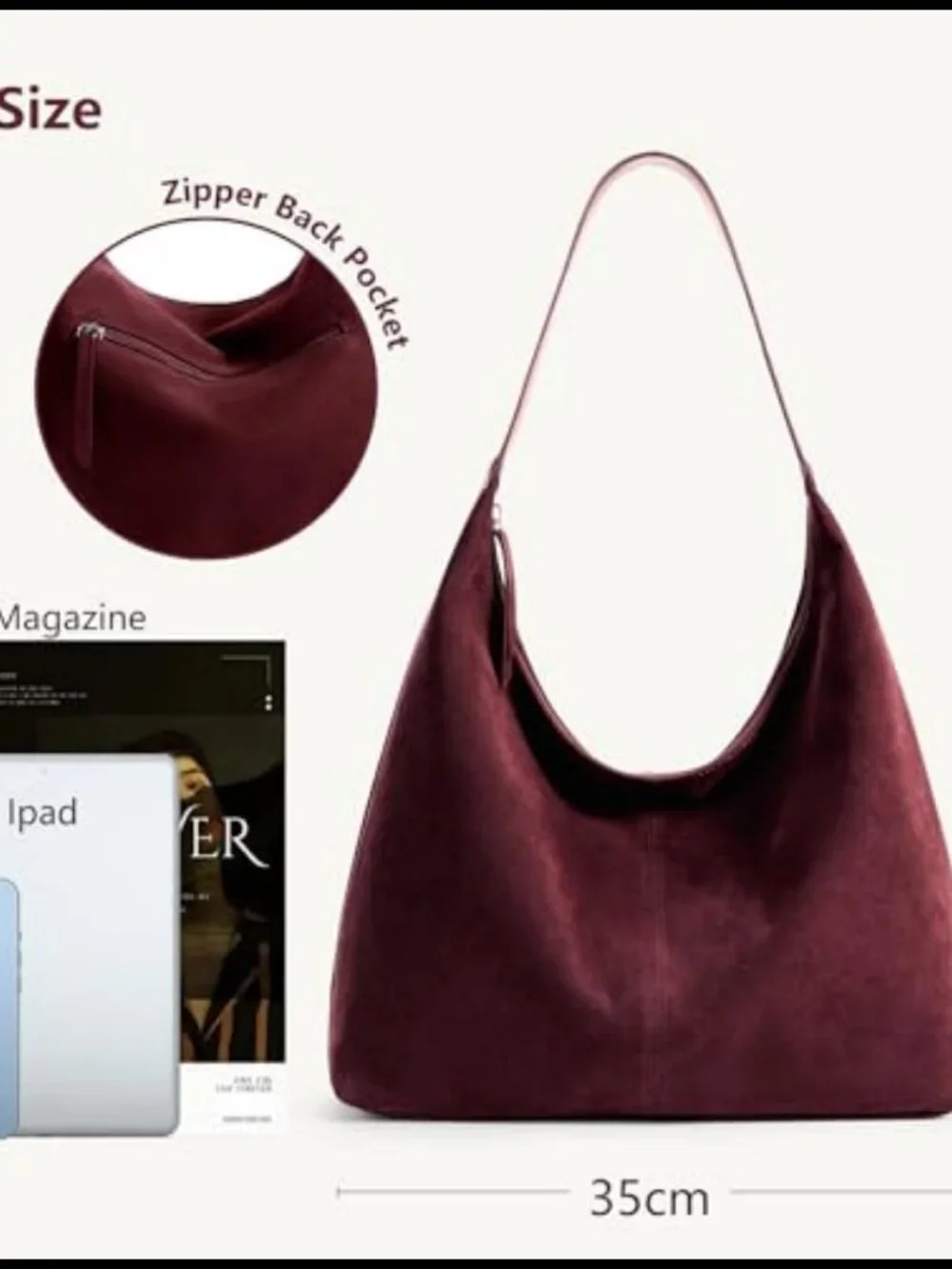 Slouchy Hobo Tote Bag Vegan Leather Zipper Shoulder Handbag